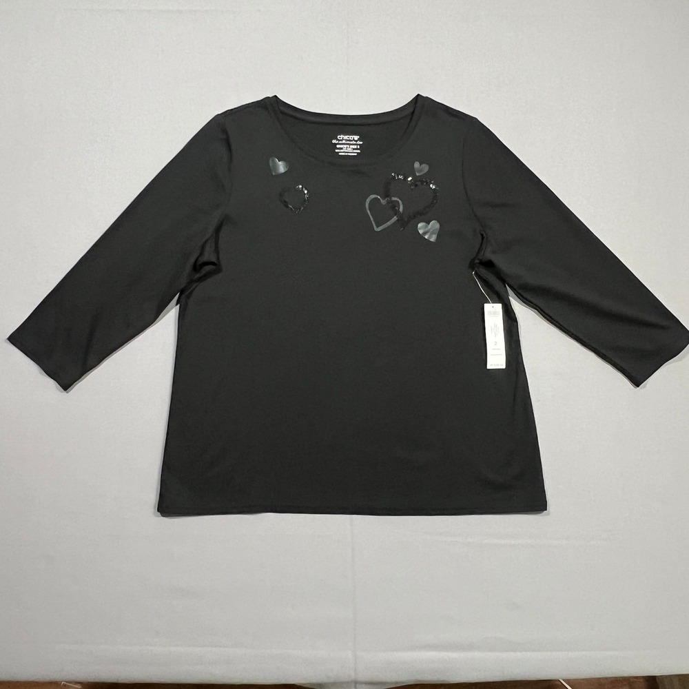 Chicos Knit Top Embroidered‎ Sequin Heart 3/4 Sleeve Black Women's 2 Large NWT